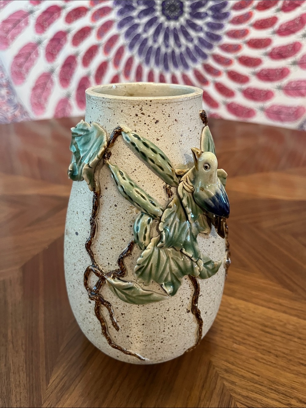 Handmade Ceramic Vase with Green Parrot Relief